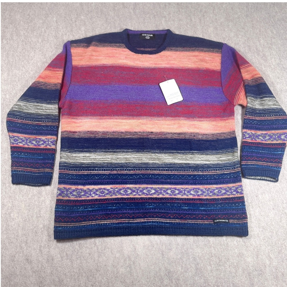 Vintage Genoa Sweater Mens 50/L  Multicolor Striped Wool Blend Fair Isle Italy